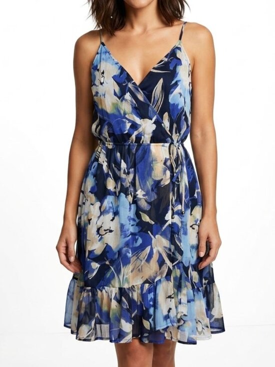 lovestitch Dresses & Skirts - LOVESTITCH Boho Chiffon Halter Dress Blue Floral Surplice Wrap Flounce Trim L